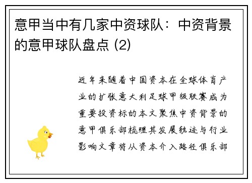 意甲当中有几家中资球队：中资背景的意甲球队盘点 (2)